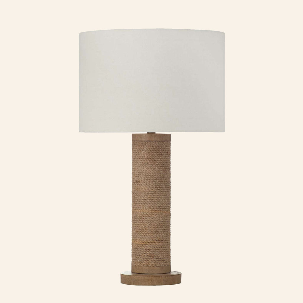 Harriet natural rope wrapped column table lamp with a standard white hardback shade.