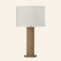 Harriet natural rope wrapped column table lamp with a standard white hardback shade.