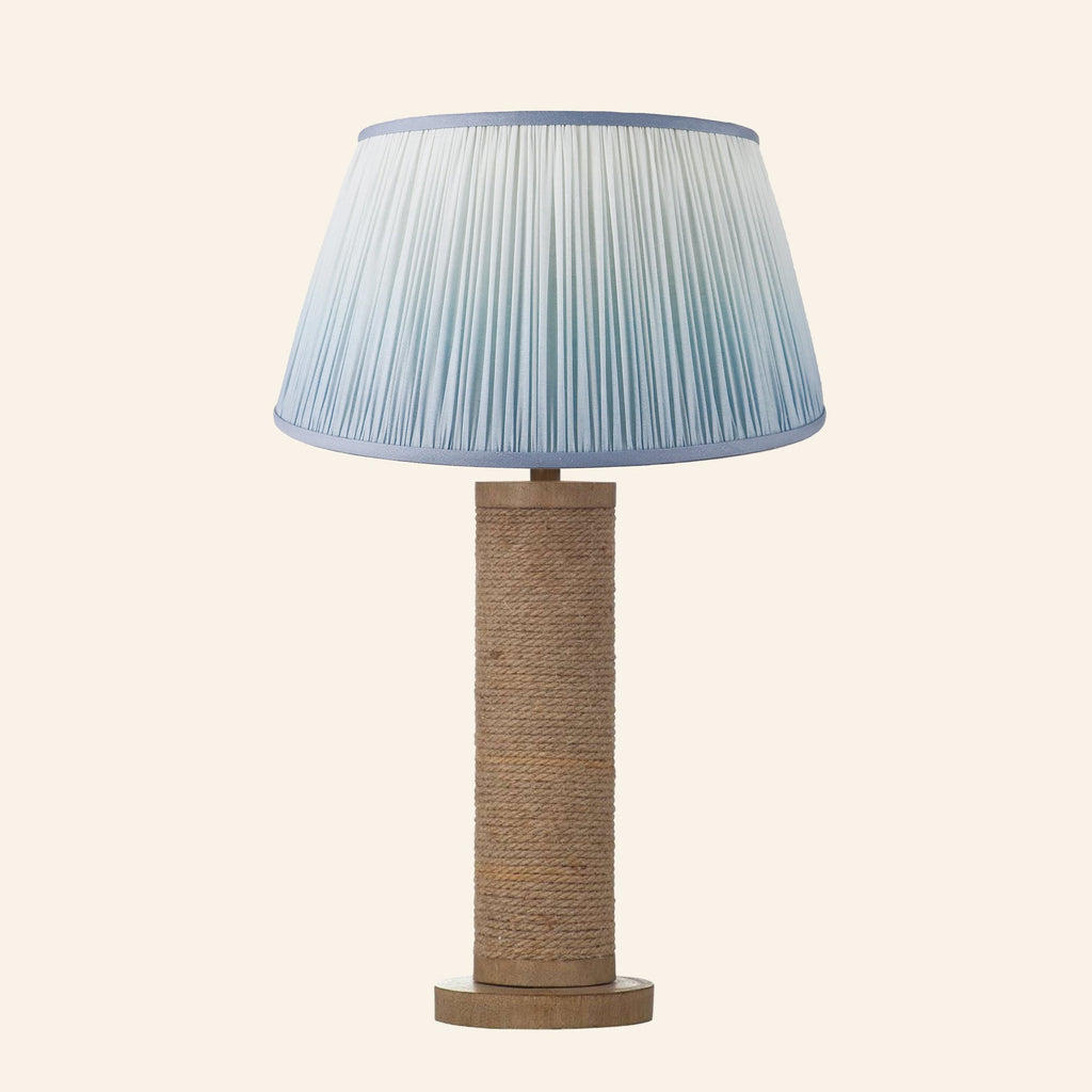 Harriet natural rope wrapped column table lamp with a Vale Blue ombre pleated shade.