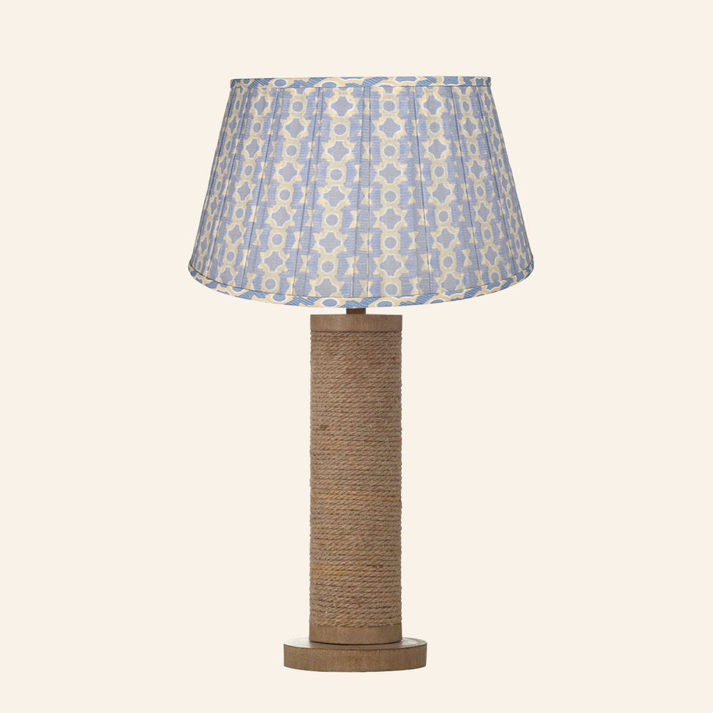 Harriet natural rope wrapped column table lamp with a Willowbrook blue and tan print pleated shade.