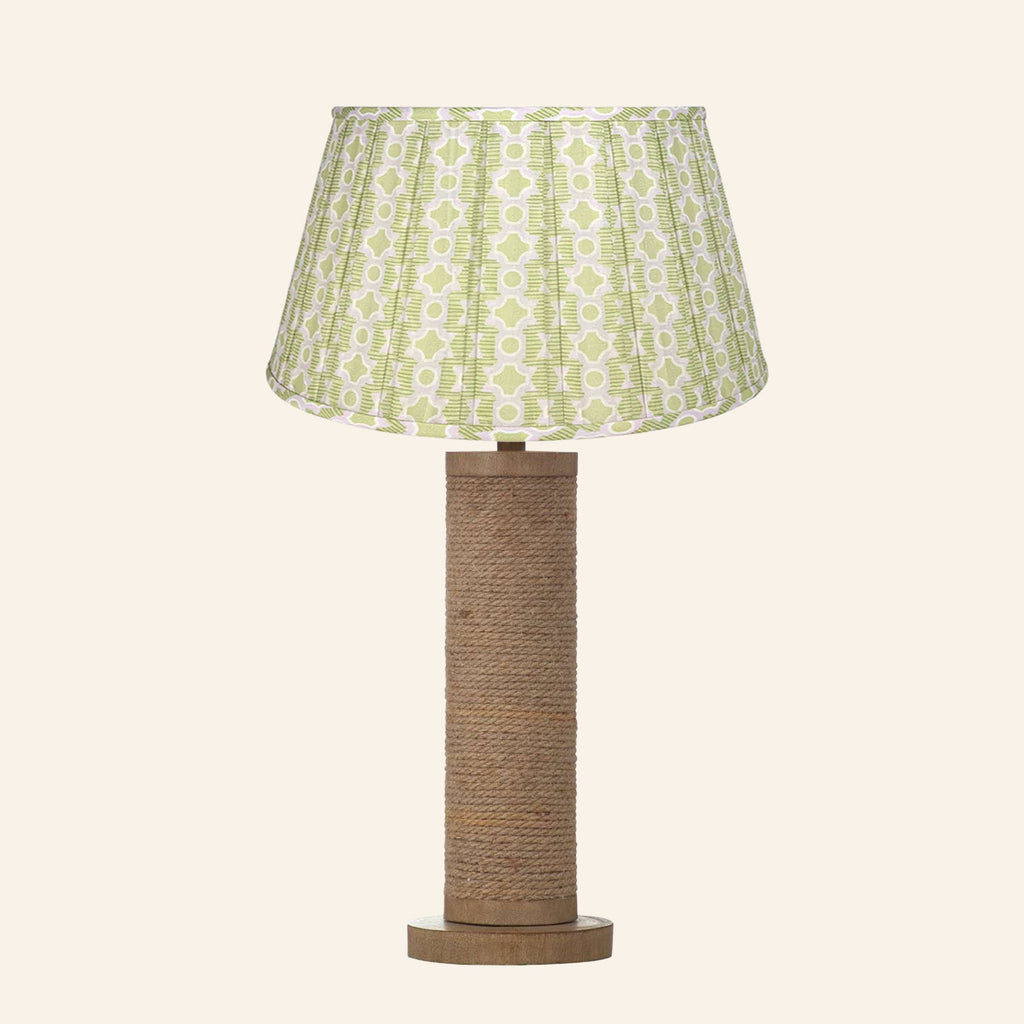 Harriet natural rope wrapped column table lamp with a Willowbrook green and lavender print pleated shade.