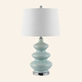 28-inch teal triple gourd table lamp by Kevin Francis Design with a modern ceramic base and fabric shade.