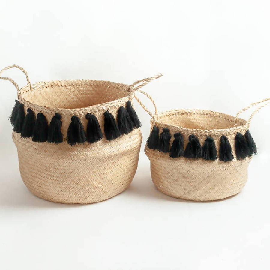 Handwoven Black Tasseled Belly Baskets