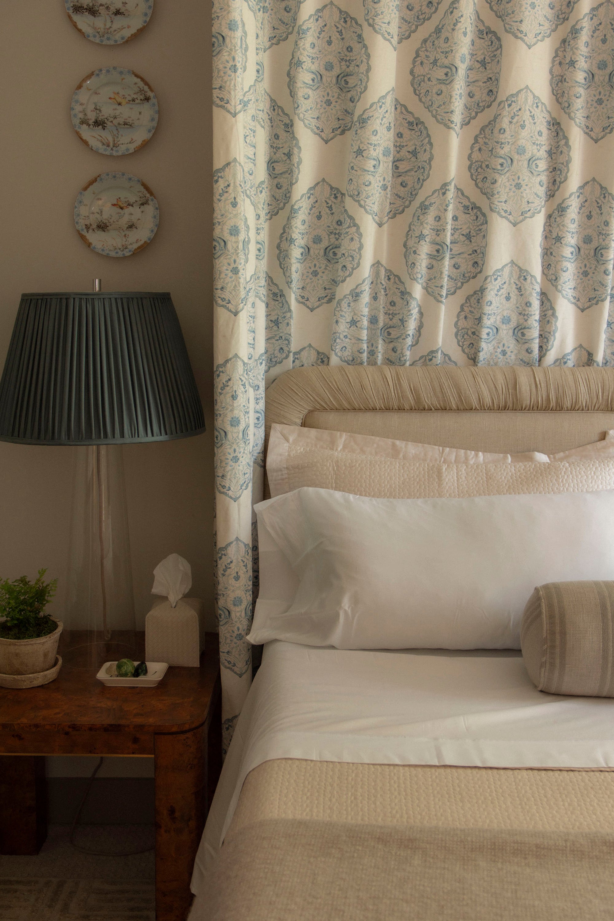 Linen upholstered rectangular headboard with gathered fabric pleated border by Kevin Francis Design