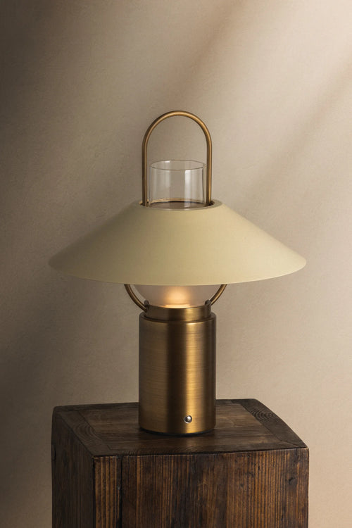 14-inch Ralph Rechargeable Brass Lantern Table Lamp by Kevin Francis Design, featuring a vintage-style brass finish and warm lighting.