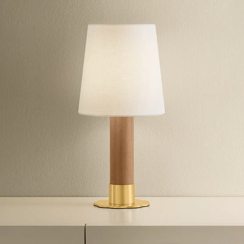 14-inch Michael Oak and brass cordless table lamp by Kevin Francis Design, showcasing elegant wood and metal finish.