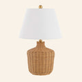 Kevin Francis Design Lillian 22-inch woven rattan wicker table lamp with a natural textured shade and wooden base.