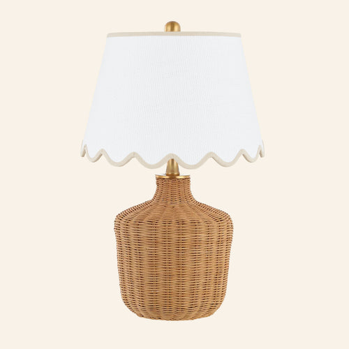Lillian woven rattan wicker table lamp in tan with a ceramic base and fabric shade, designed by Kevin Francis Design.