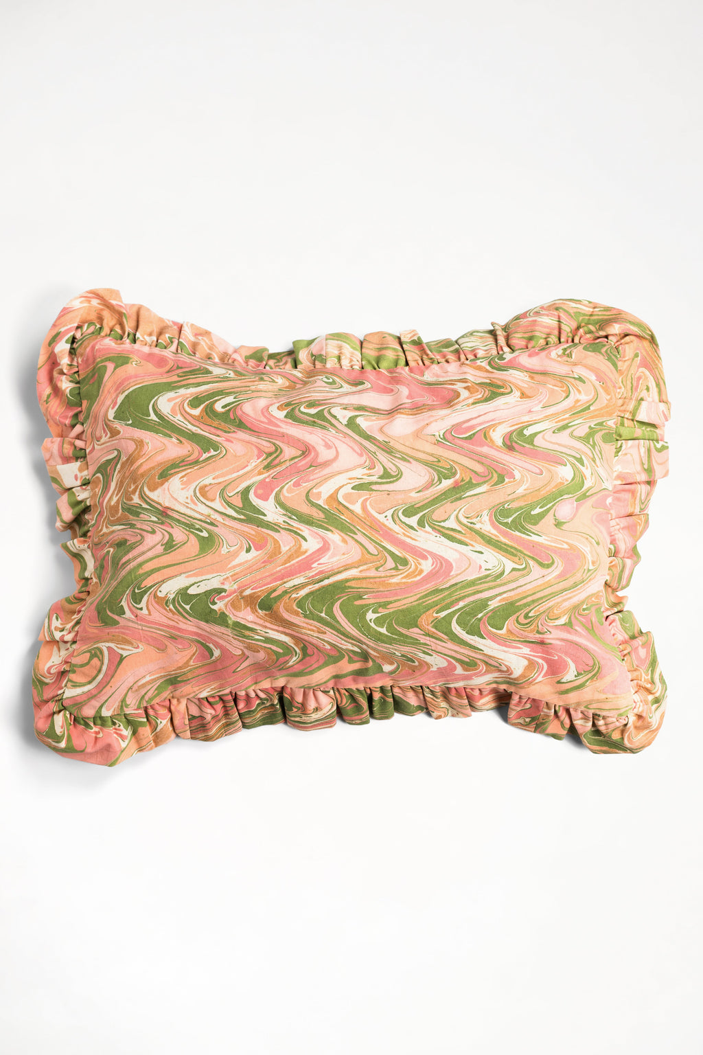 Ruffled pink hand marbled peony lumbar pillow cover, 14x20, 100% cotton