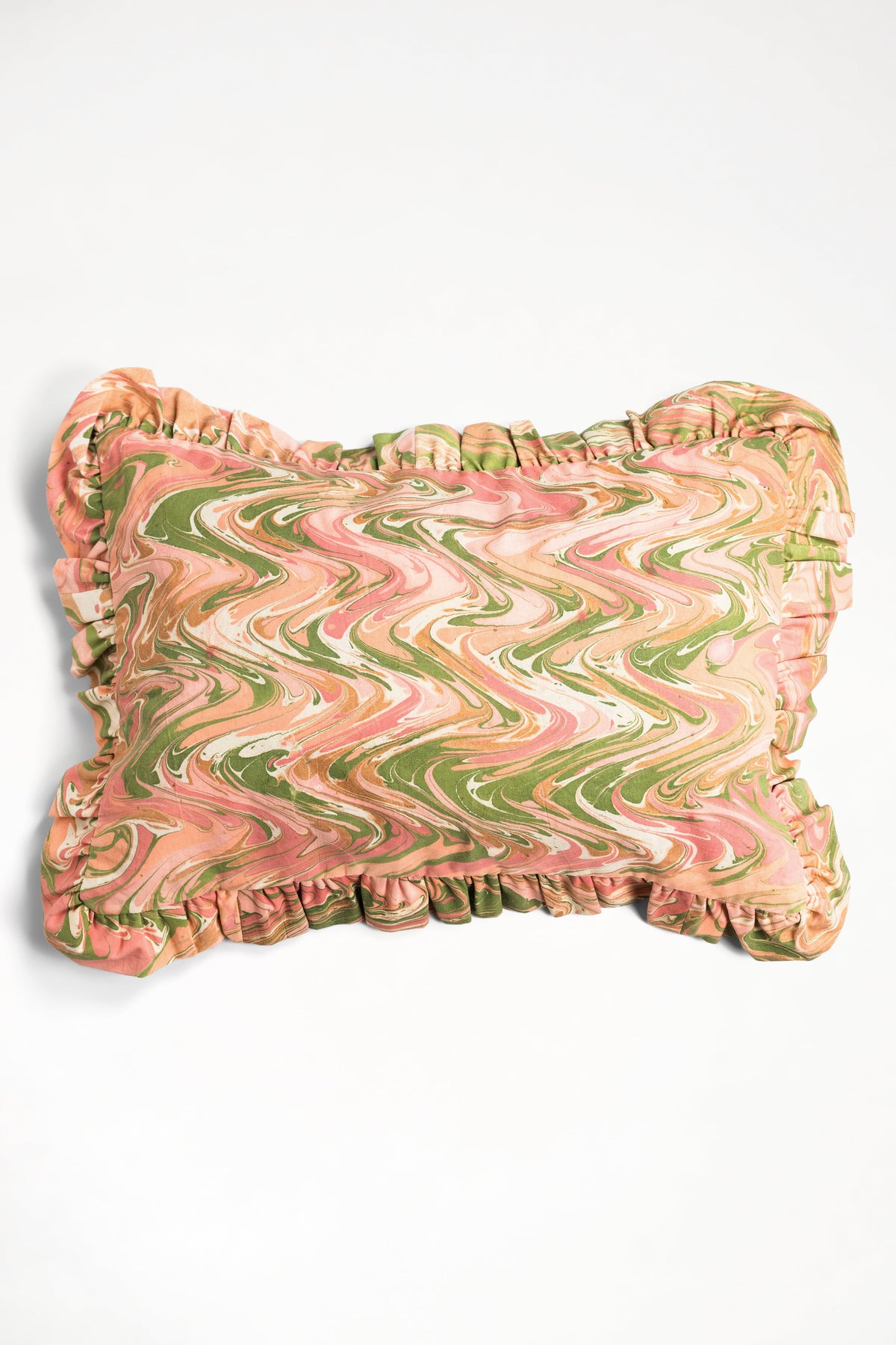 Ruffled pink hand marbled peony lumbar pillow cover, 14x20, 100% cotton