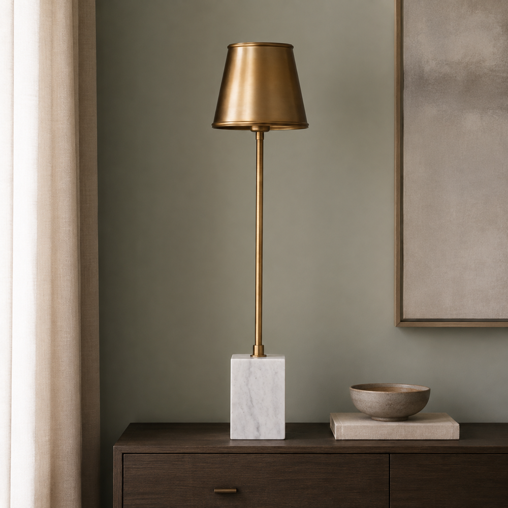 Detail of the Philippa gold buffet lamp marble base