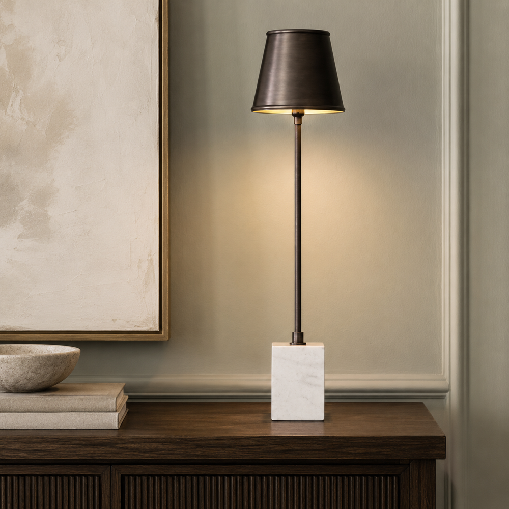 Detail of the Philippa gunmetal buffet lamp marble base