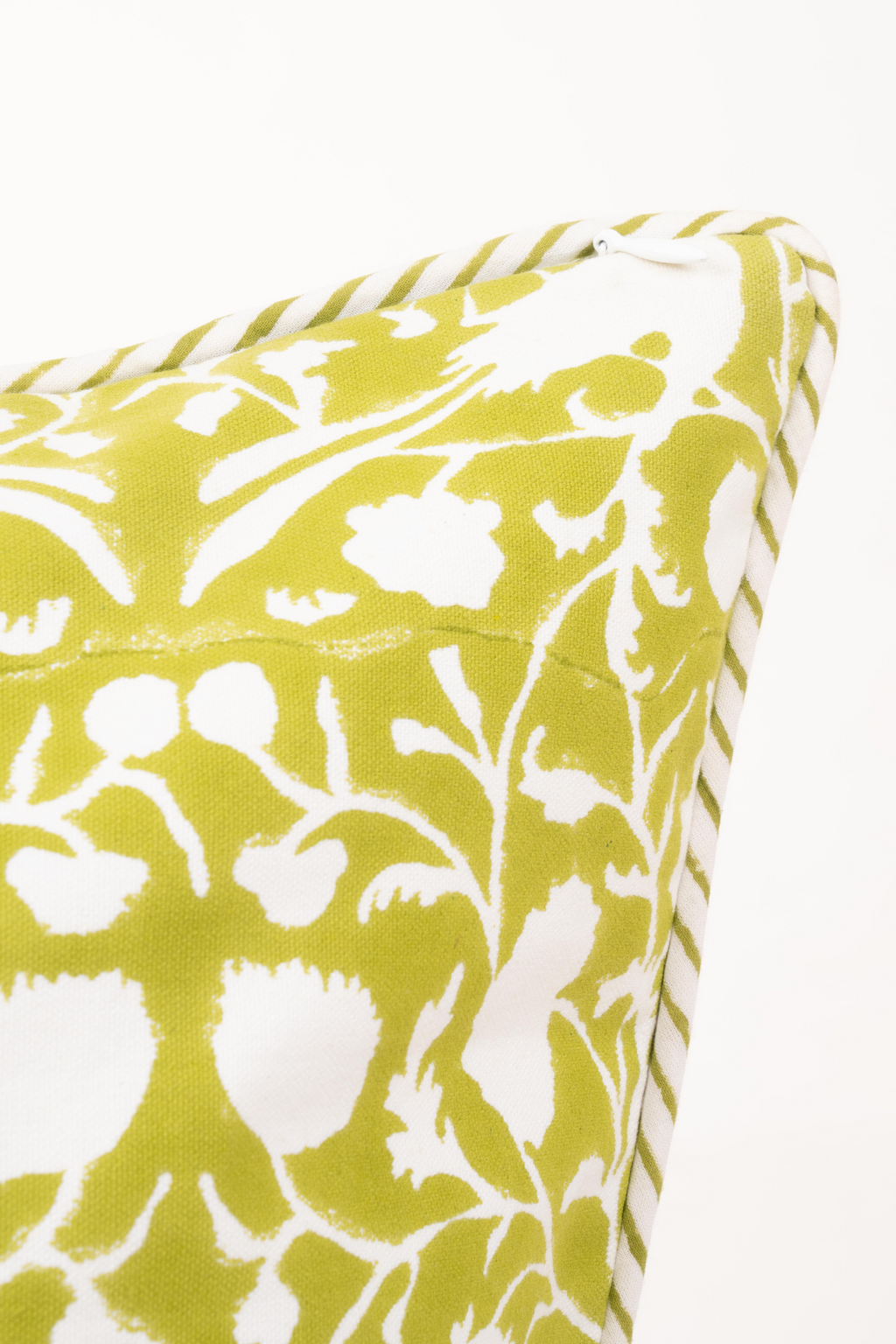 Detail of the Woodhaven olive green bird block print pillow cover