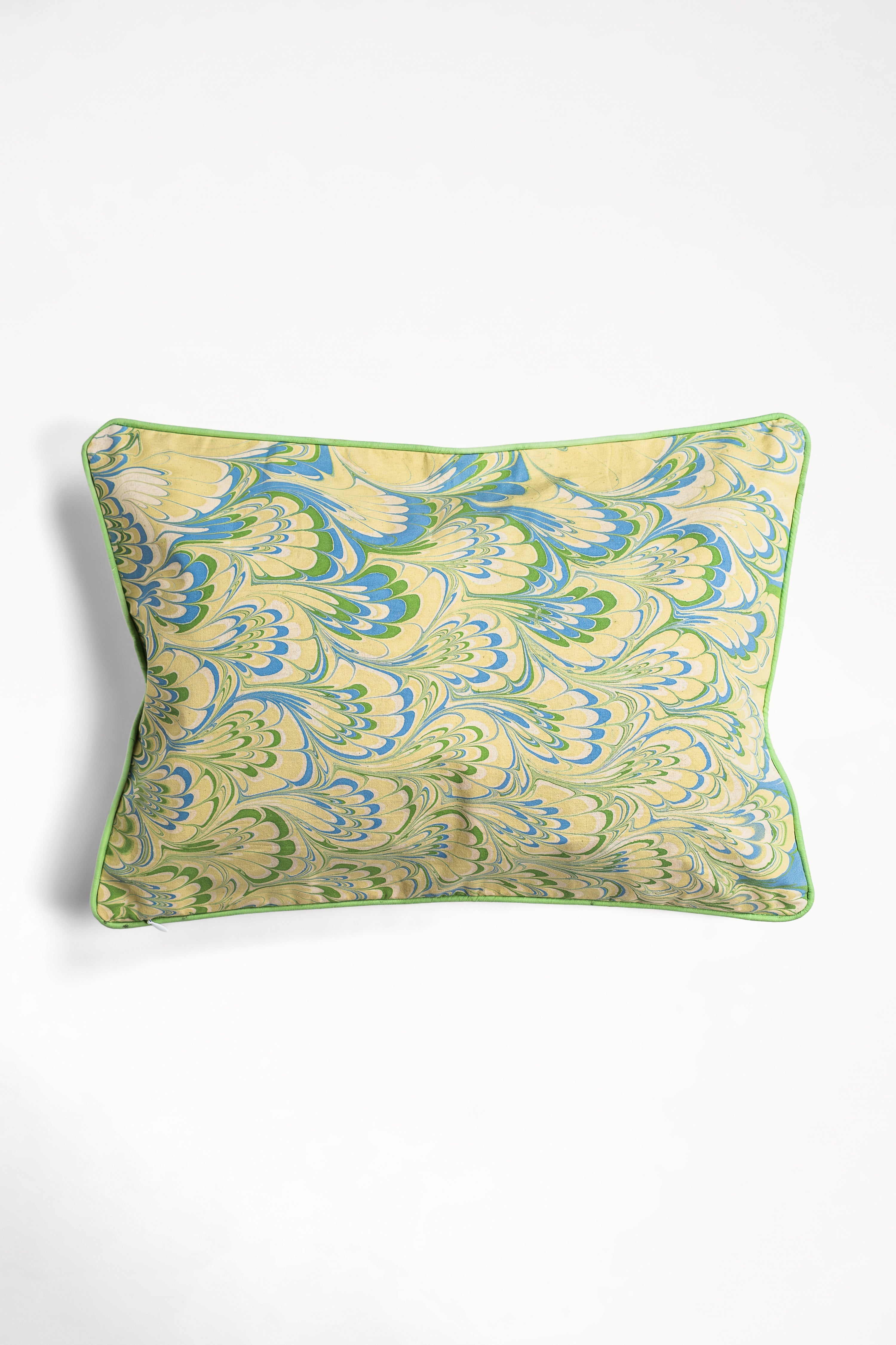 Sea glass green hand marbled peacock lumbar pillow cover, 14x20, 100% cotton
