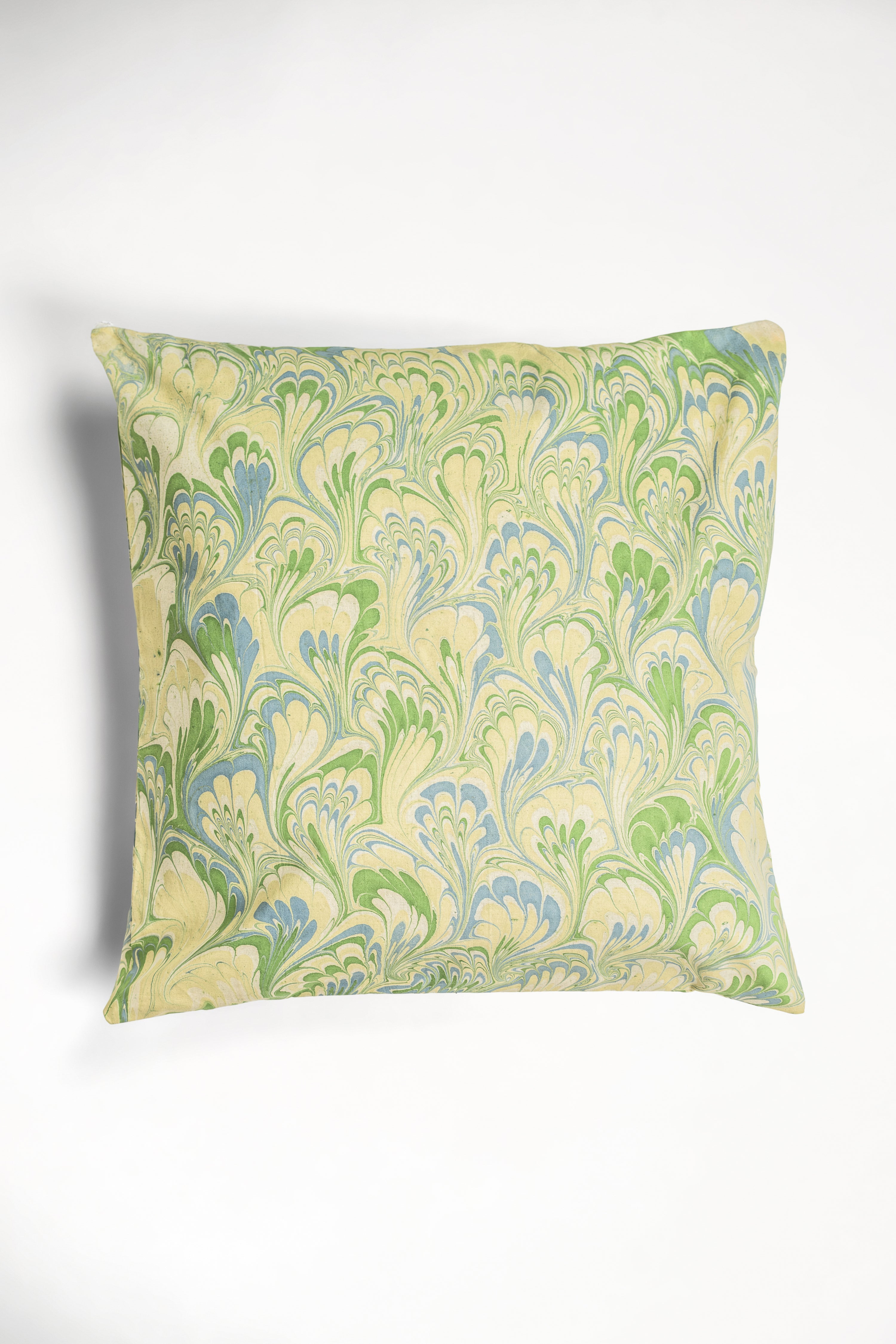 Sea glass green hand marbled peacock pillow cover, 20x20 square, 100% cotton