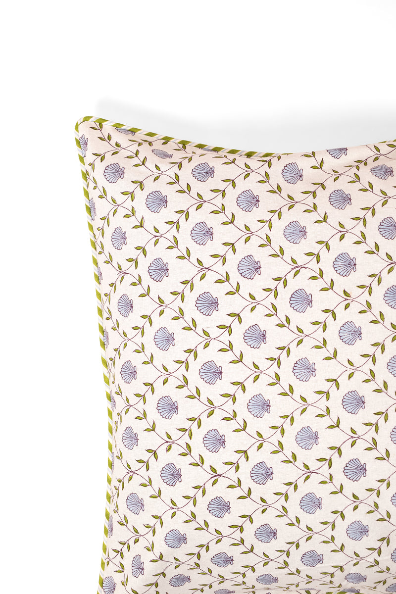 Detail of the Chatham blue seashell block print pillow cover