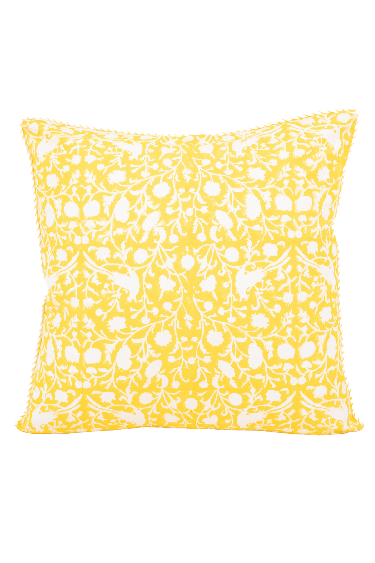 Detail of the Woodhaven saffron yellow bird block print pillow cover