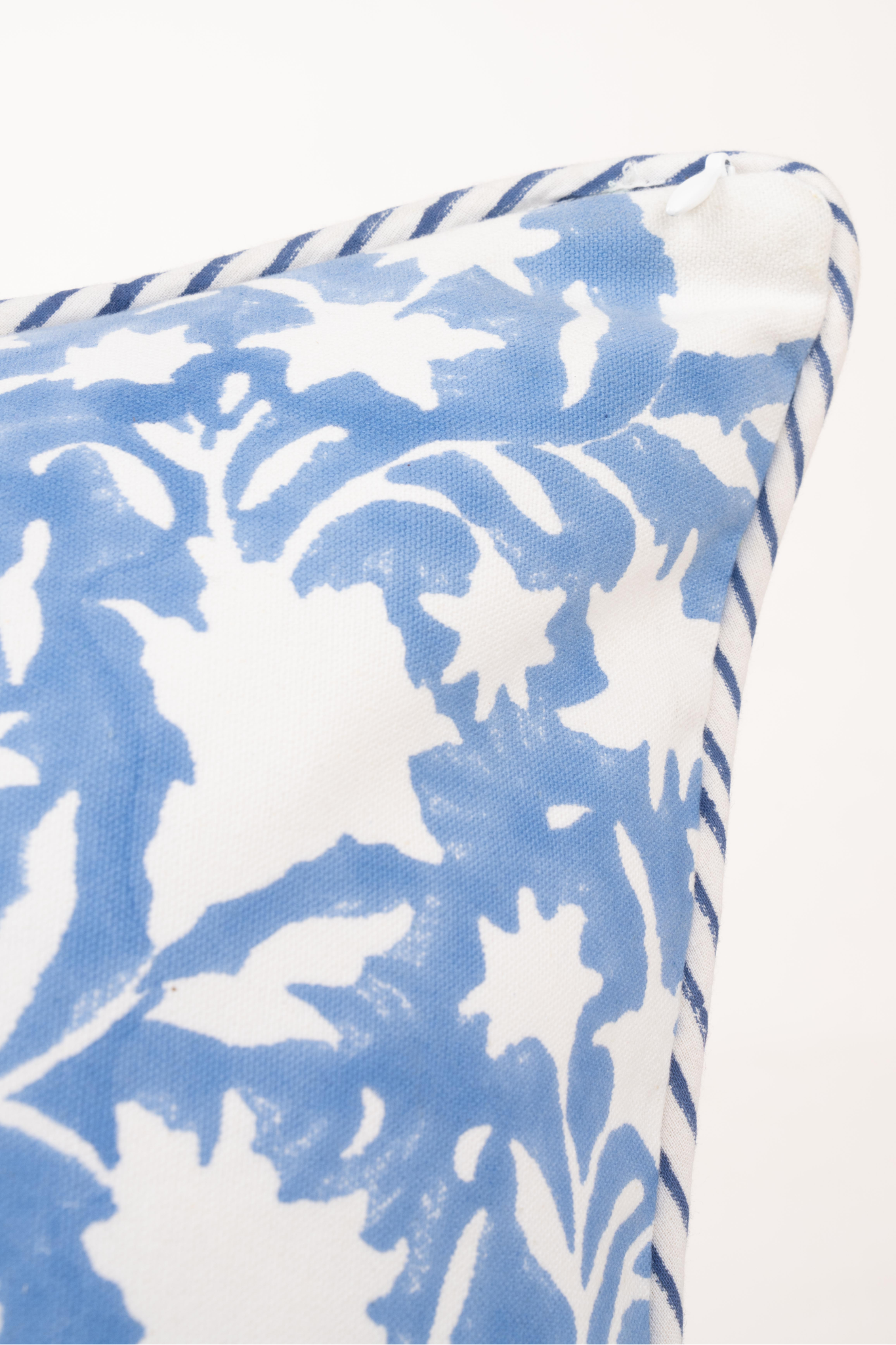 Detail of the Fernleaf periwinkle blue block print floral pillow cover
