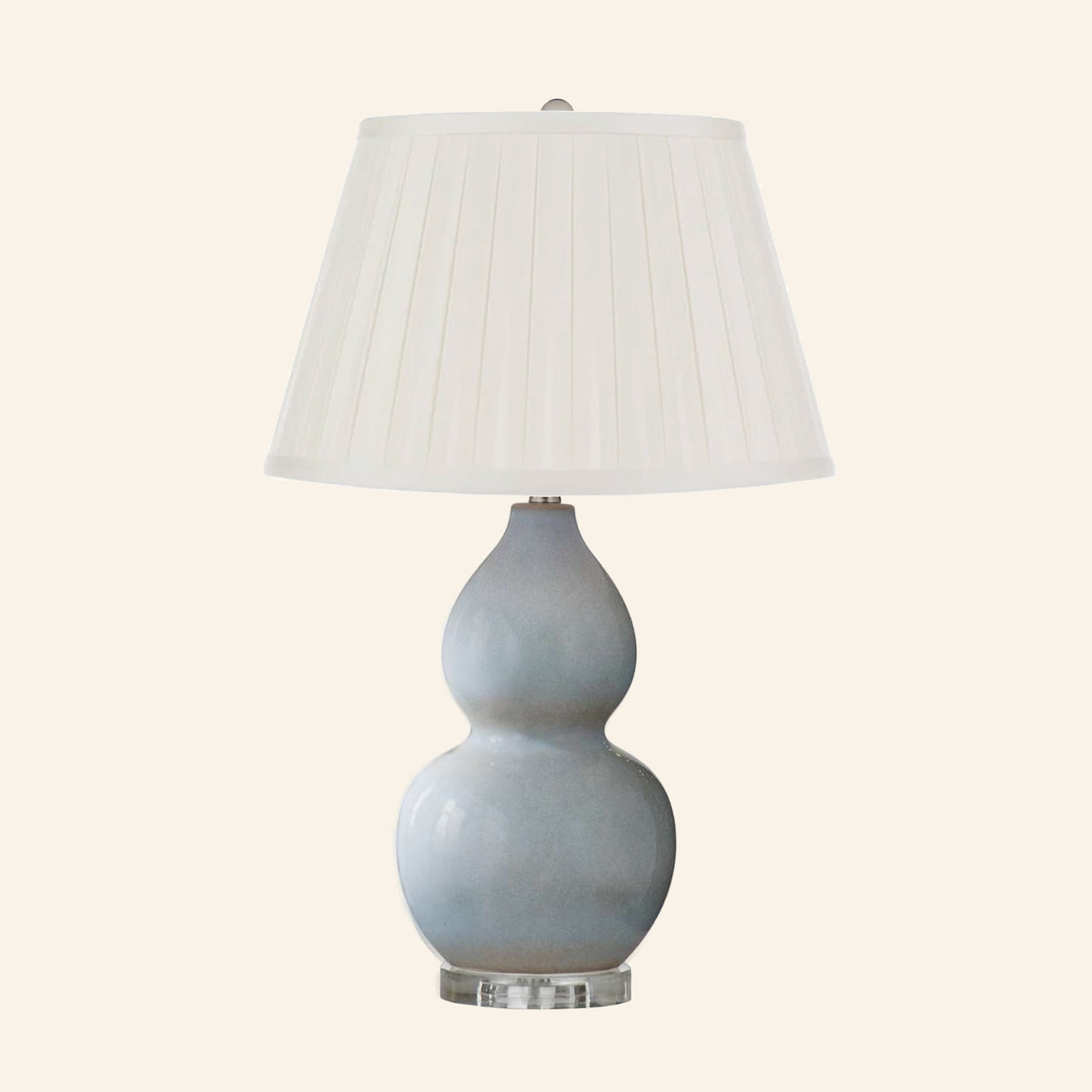 Vivienne gray blue double gourd ceramic table lamp with a Brook Cream silk box pleat shade.