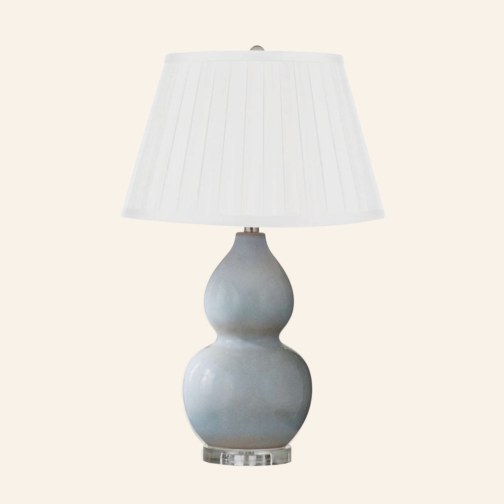 Vivienne gray blue double gourd ceramic table lamp with a Brook Off-White silk box pleat shade.