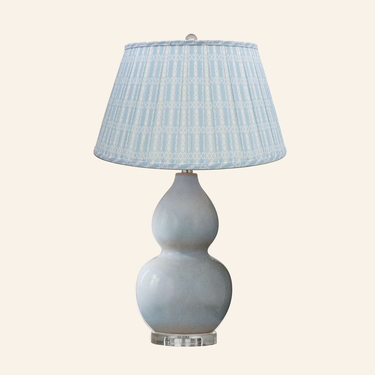 Vivienne gray blue double gourd ceramic table lamp with an Eastwood Blue print pleated shade.