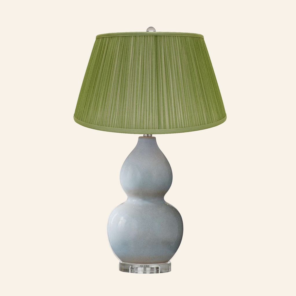 Vivienne gray blue double gourd ceramic table lamp with a Park Green silk pleated shade.