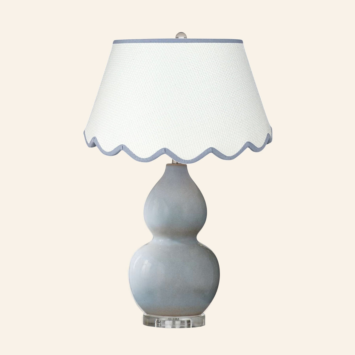 Vivienne gray blue double gourd ceramic table lamp with a Pemberton Blue scalloped shade.