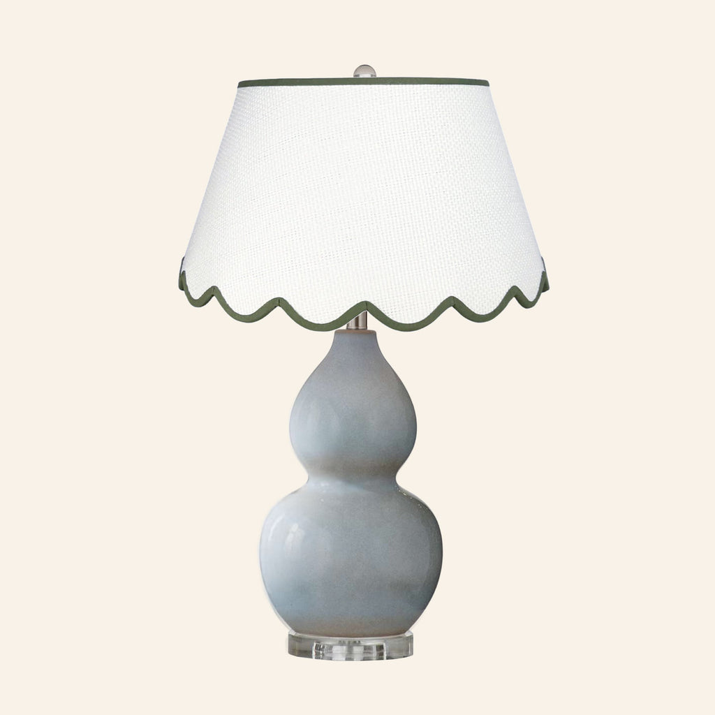 Vivienne gray blue double gourd ceramic table lamp with a Pemberton Green scalloped shade.