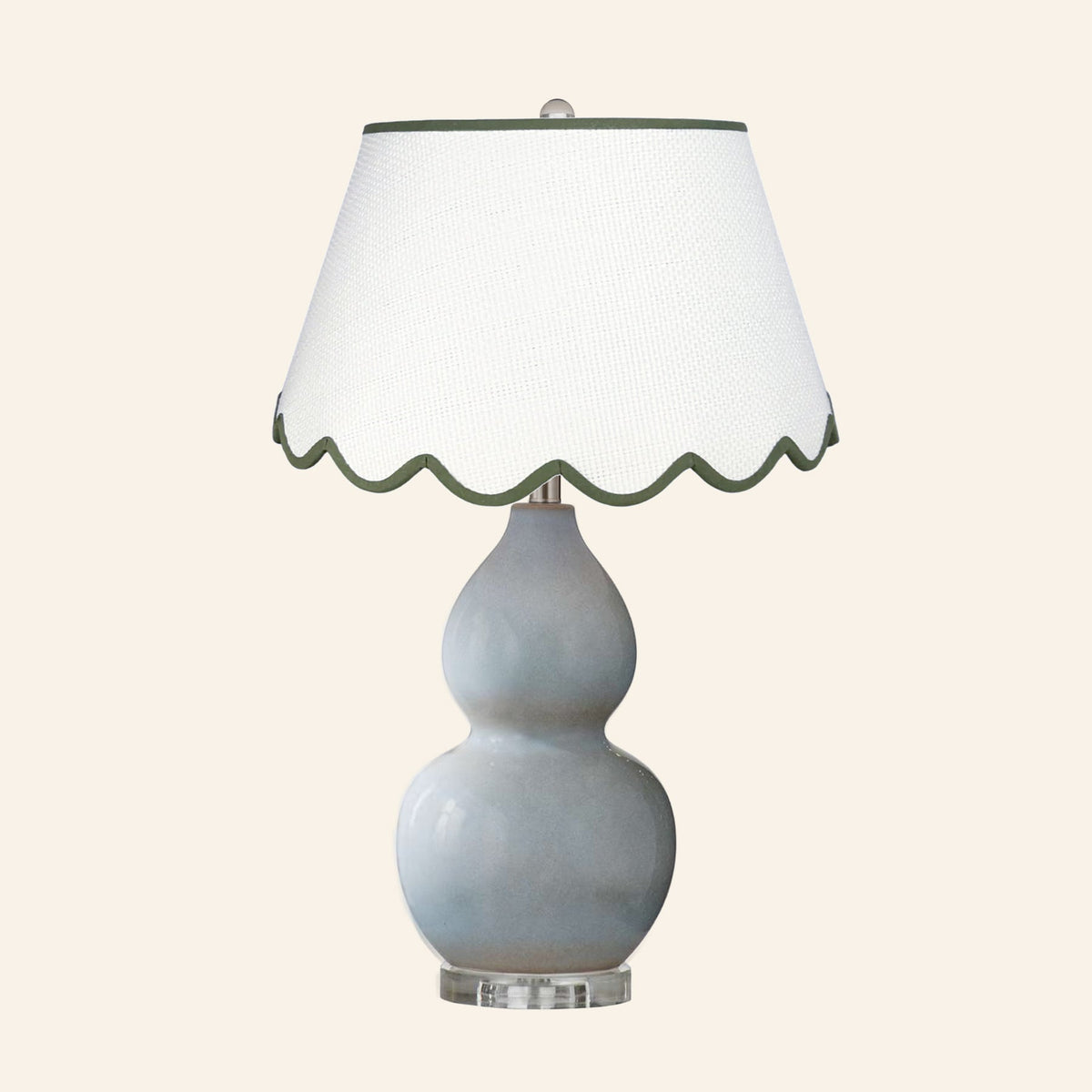 Vivienne gray blue double gourd ceramic table lamp with a Pemberton Green scalloped shade.