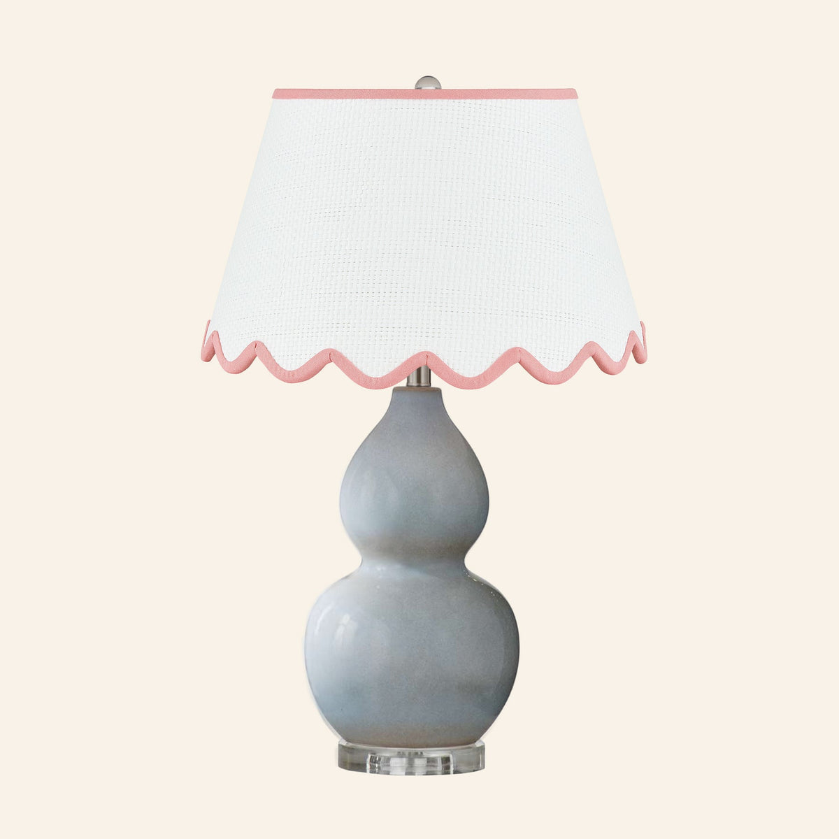 Vivienne gray blue double gourd ceramic table lamp with a Pemberton Pink scalloped shade.