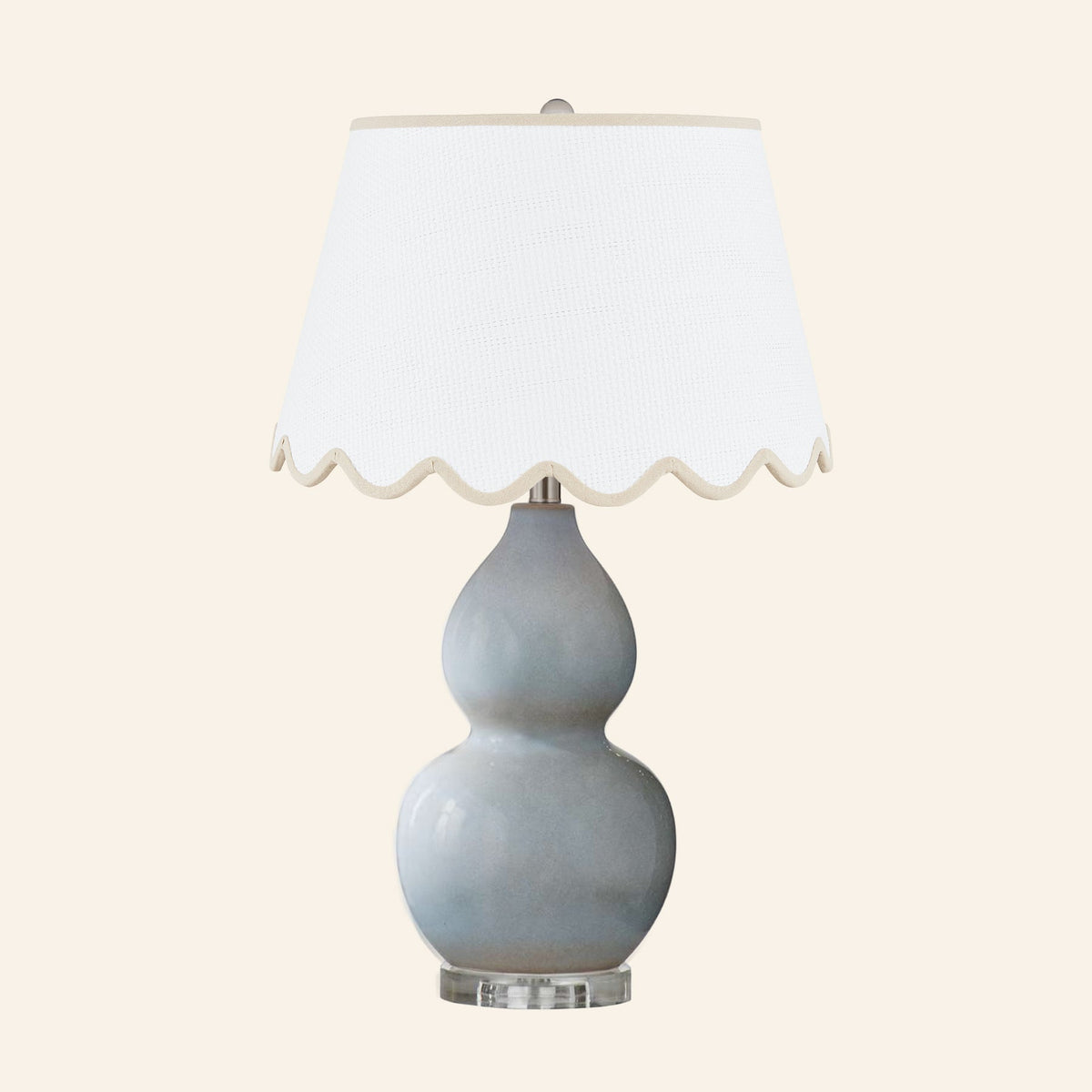 Vivienne gray blue double gourd ceramic table lamp with a Pemberton Tan scalloped shade.