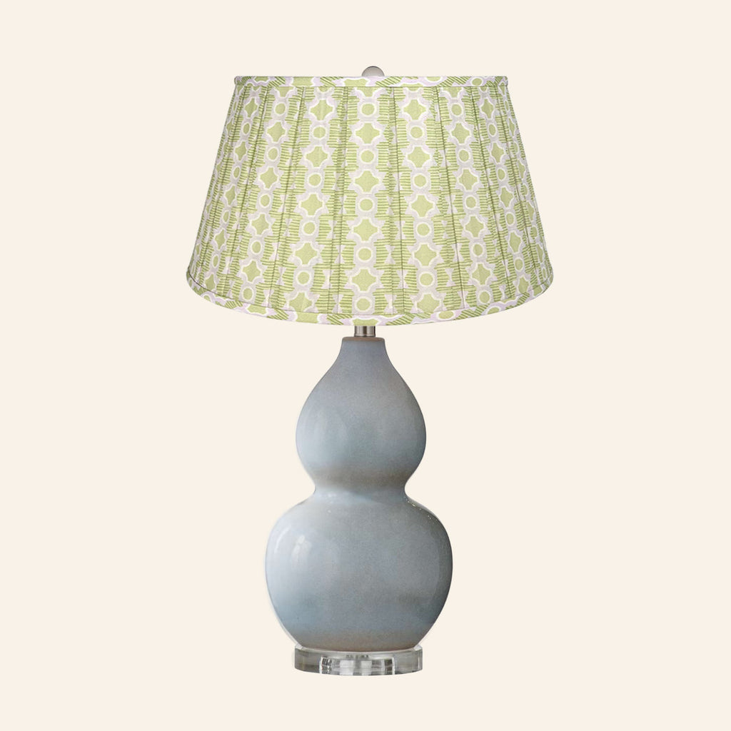 Vivienne gray blue double gourd ceramic table lamp with a Willowbrook green and lavender print pleated shade.