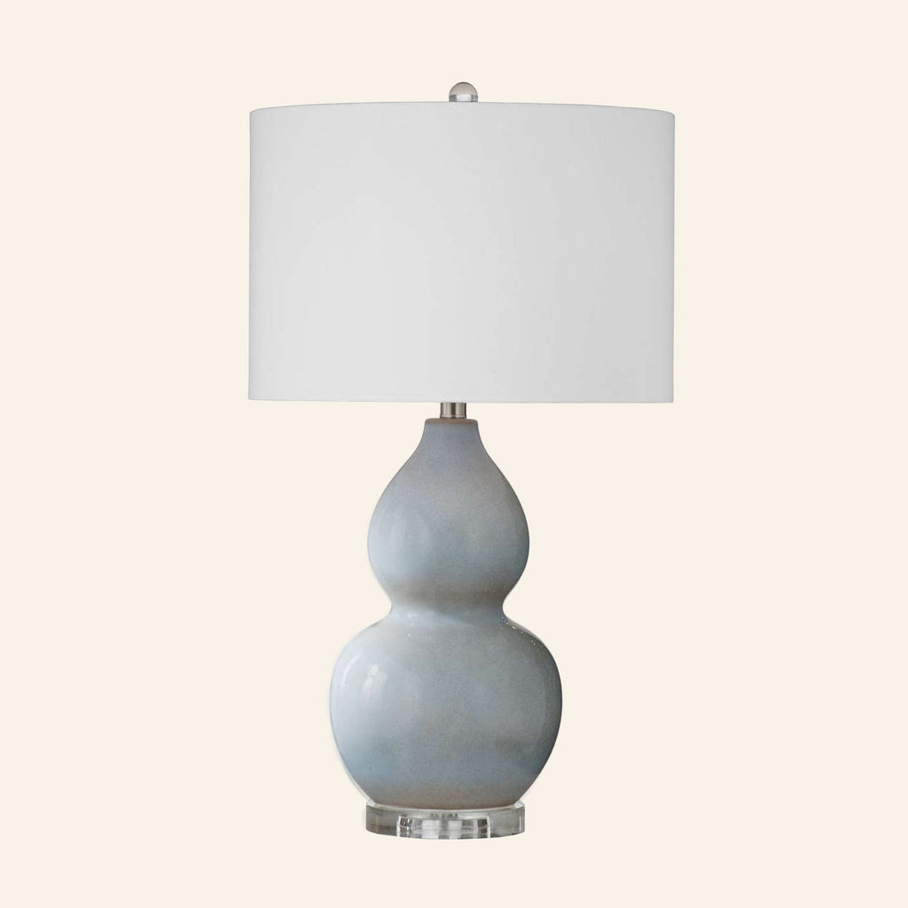 Vivienne gray blue double gourd ceramic table lamp with a standard white hardback shade.