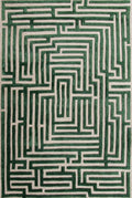 Anatolia Hand-Tufted Maze Rug by Kevin Francis Design, green boxwood color with intricate maze pattern, close-up view of tufted texture.