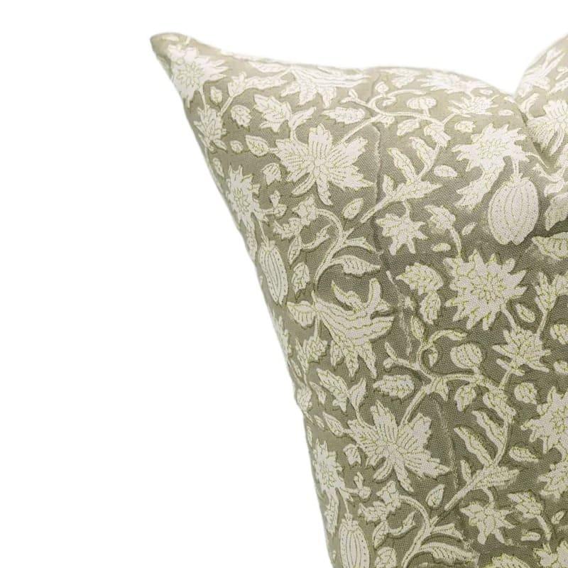 Hand block printed botanical pattern on the Ansley cotton canvas pillow cover