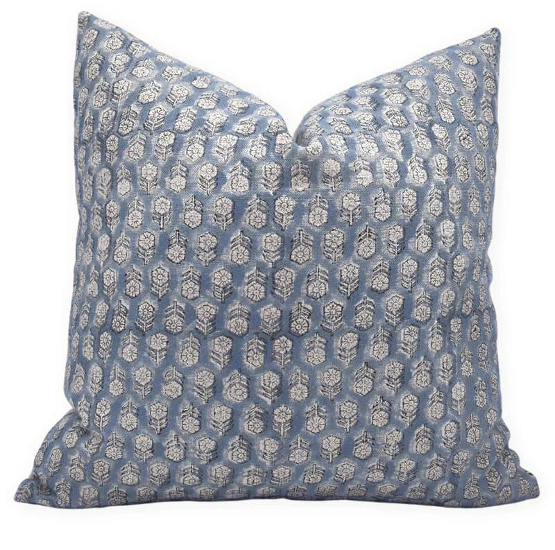 The Austell block print pillow cover in blue and gray, heavyweight linen