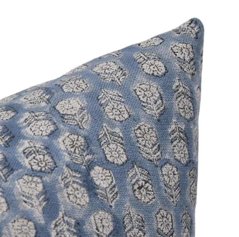 Hand block printed tulsi sprig pattern on the Austell heavyweight linen pillow cover