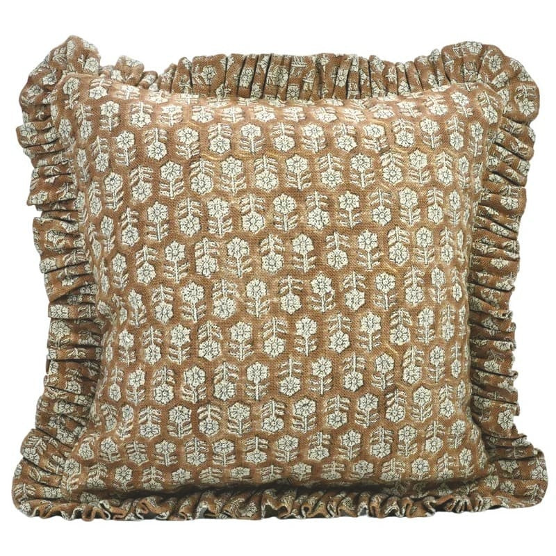 The Austell ruffled block print pillow cover in rust, brown and tan, heavyweight linen