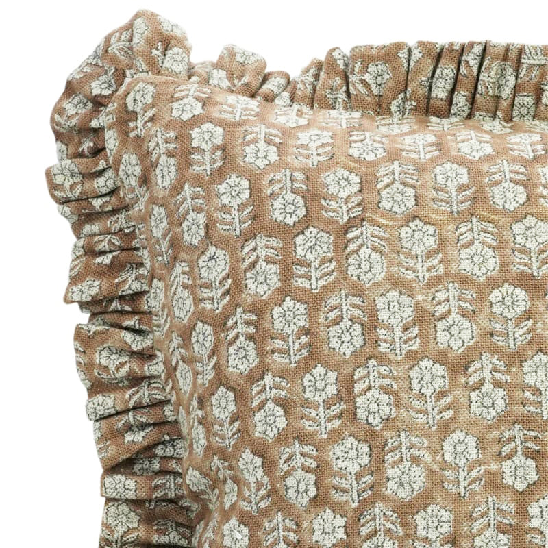 Hand block printed tulsi sprig pattern on the Austell heavyweight linen ruffled pillow cover