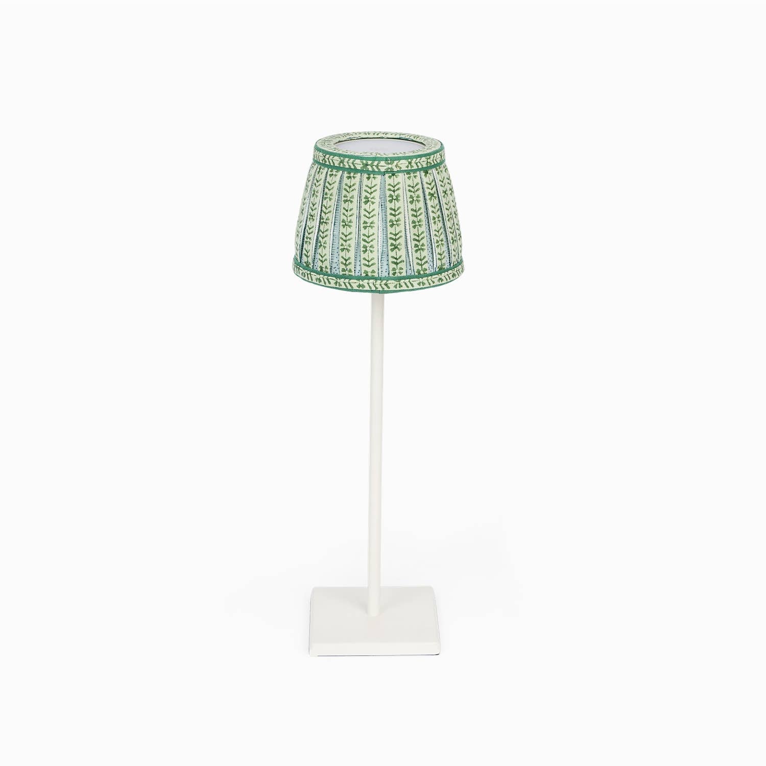 Mint Sky Rhea block-printed cotton Poldina lamp shade cover by Kevin Francis Design