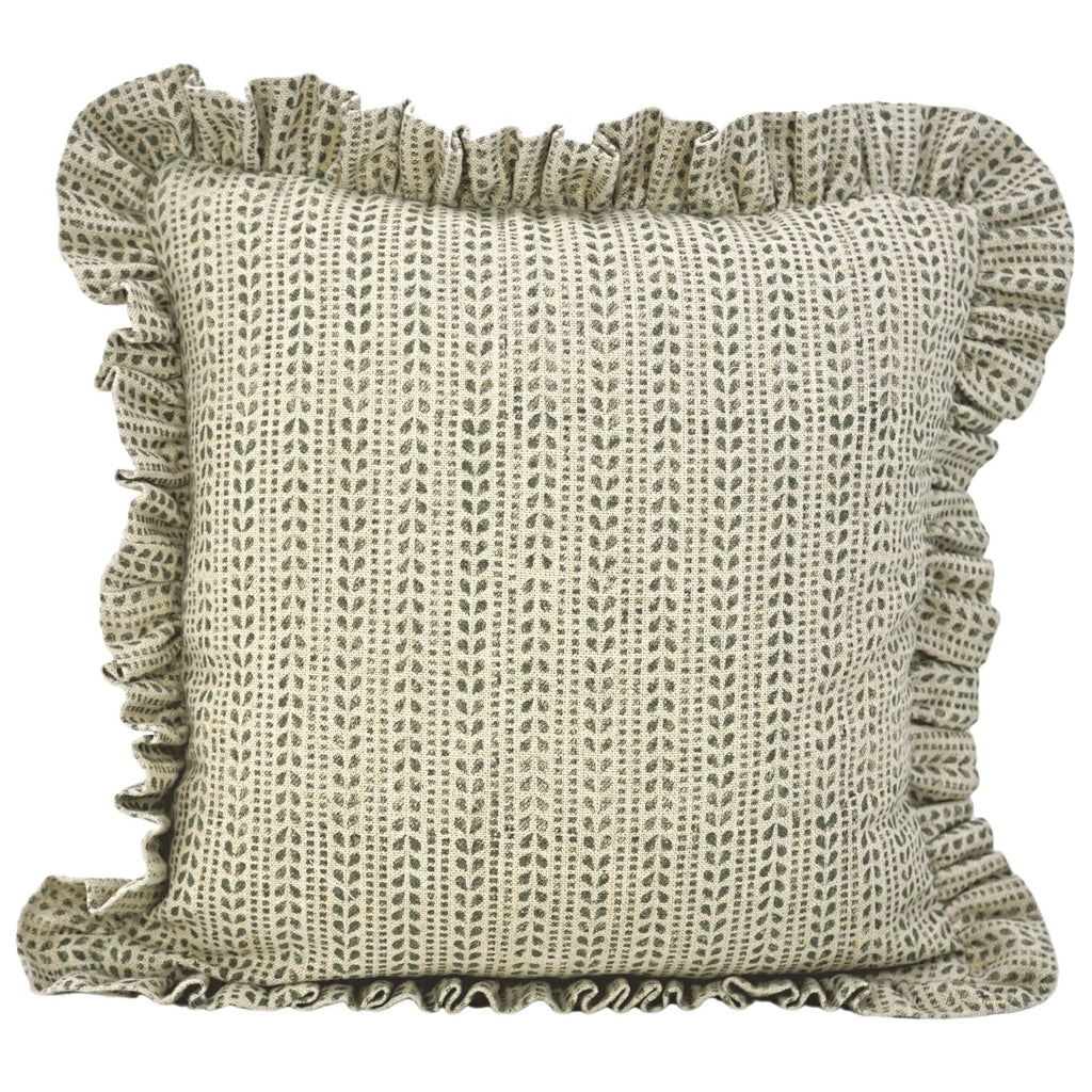 The Barksdale ruffled block print pillow cover in green and natural, heavyweight linen
