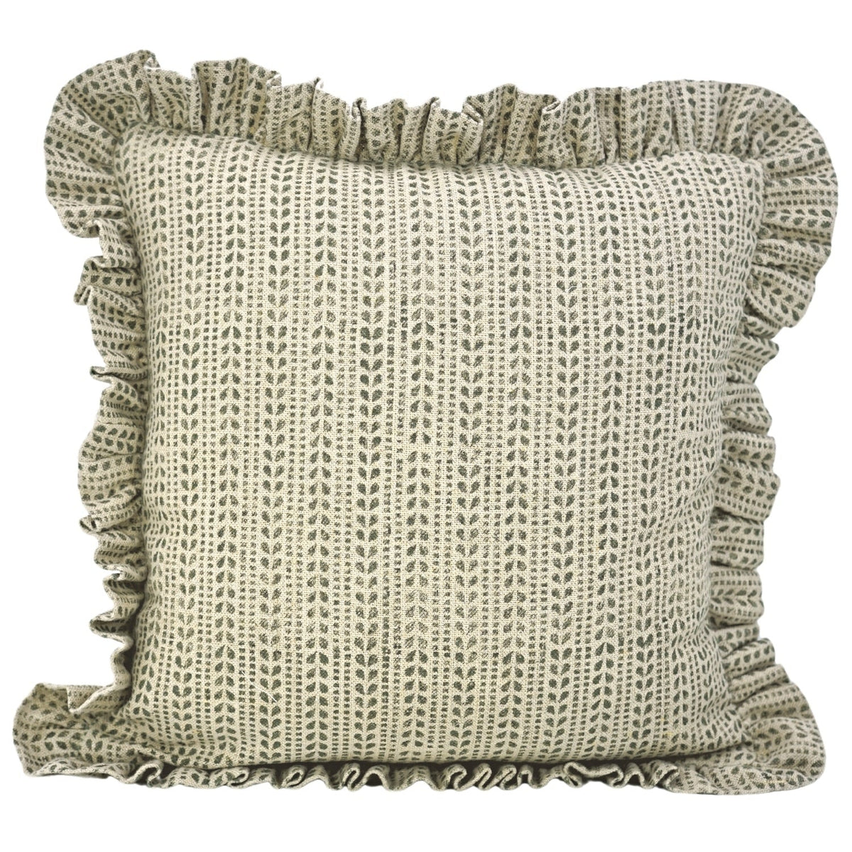 The Barksdale ruffled block print pillow cover in green and natural, heavyweight linen