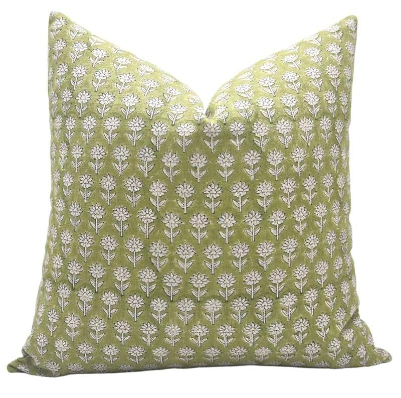 The Beechwood block print pillow cover in olive green and white, heavyweight linen