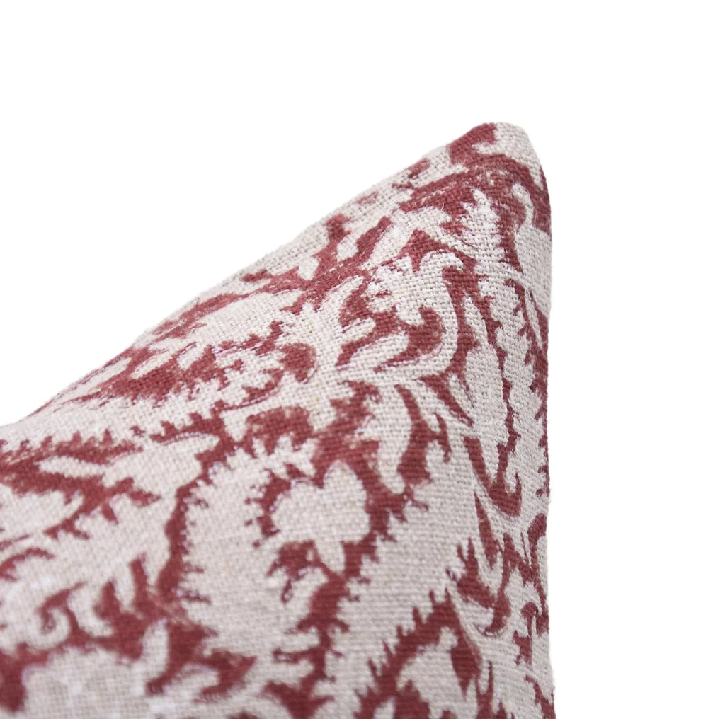 Hand block printed woodland floral pattern on the Blackland heavyweight linen pillow cover