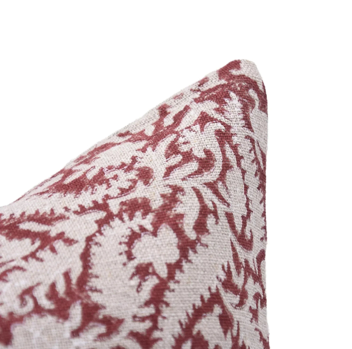 Hand block printed woodland floral pattern on the Blackland heavyweight linen pillow cover