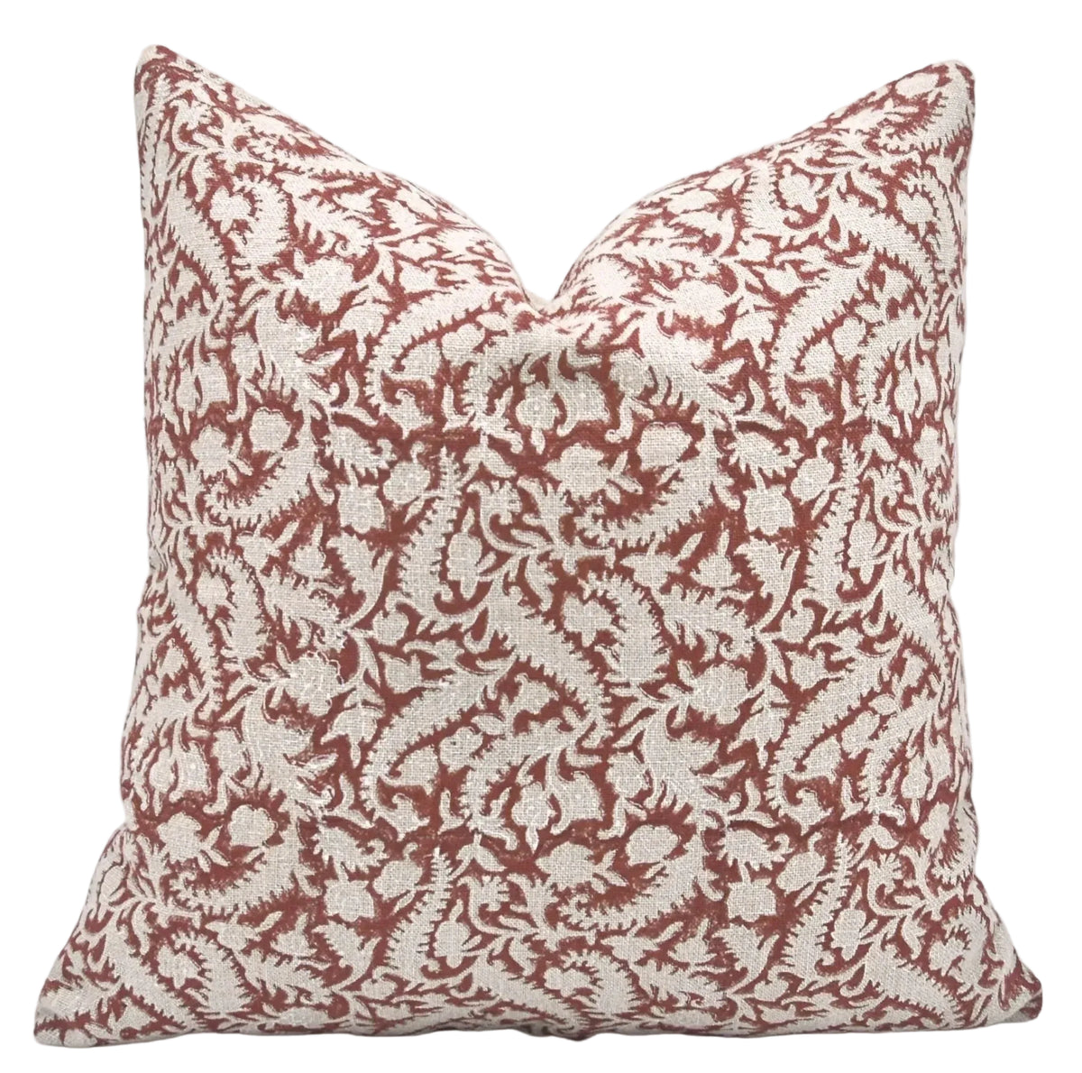The Blackland block print pillow cover in maroon and cream, heavyweight linen