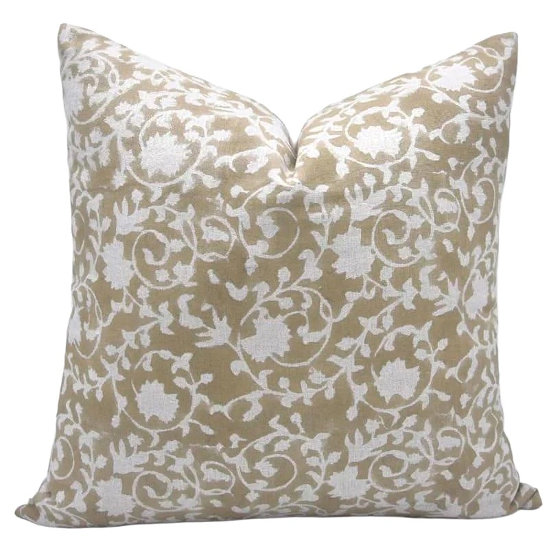 The Bolling block print pillow cover in taupe and white, heavyweight linen
