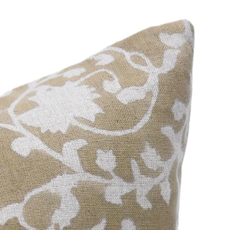 Hand block printed stem and bloom pattern on the Bolling heavyweight linen pillow cover