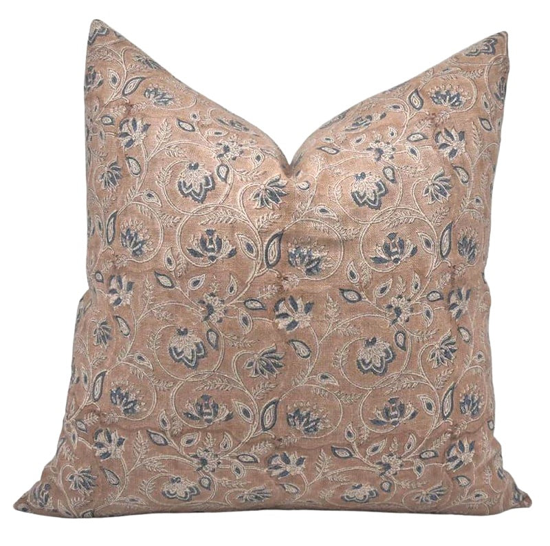 The Broadland block print pillow cover in blue, brown and dusty rose, heavyweight linen