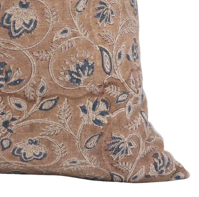 Hand block printed trailing vine pattern on the Broadland heavyweight linen pillow cover